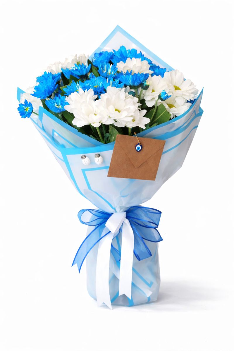 Mavi & Beyaz Papatya Buketim Beylikdüzü aynı gün teslim mavi beyaz papatya buketi ferah çiçek aranjmanı
