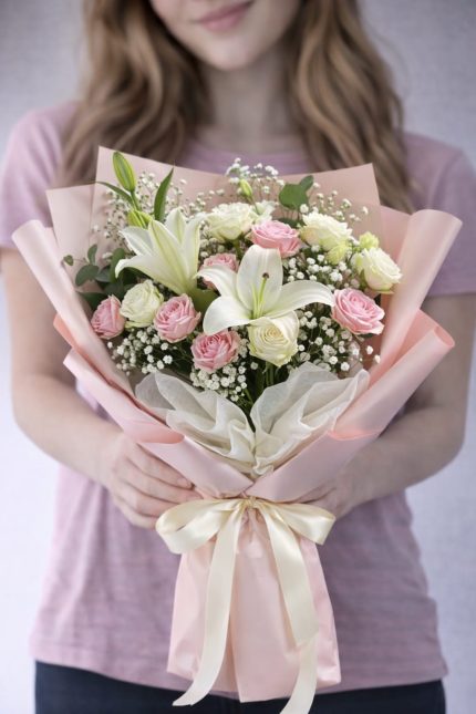 5 pembe gül, 5 beyaz gül ve 1 dal liliumdan oluşan liliumlu güllü buket