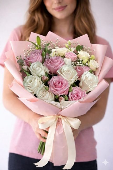 8 beyaz ve 5 pembe gülden oluşan Pespembe Sevgi gül buketi