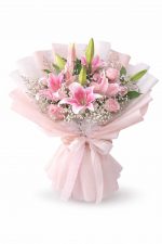 5 adet pembe gül ve 2 dal pembe liliumdan oluşan Pembe Düşler buketi