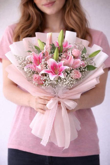 5 adet pembe gül ve 2 dal pembe liliumdan oluşan Pembe Düşler buketi