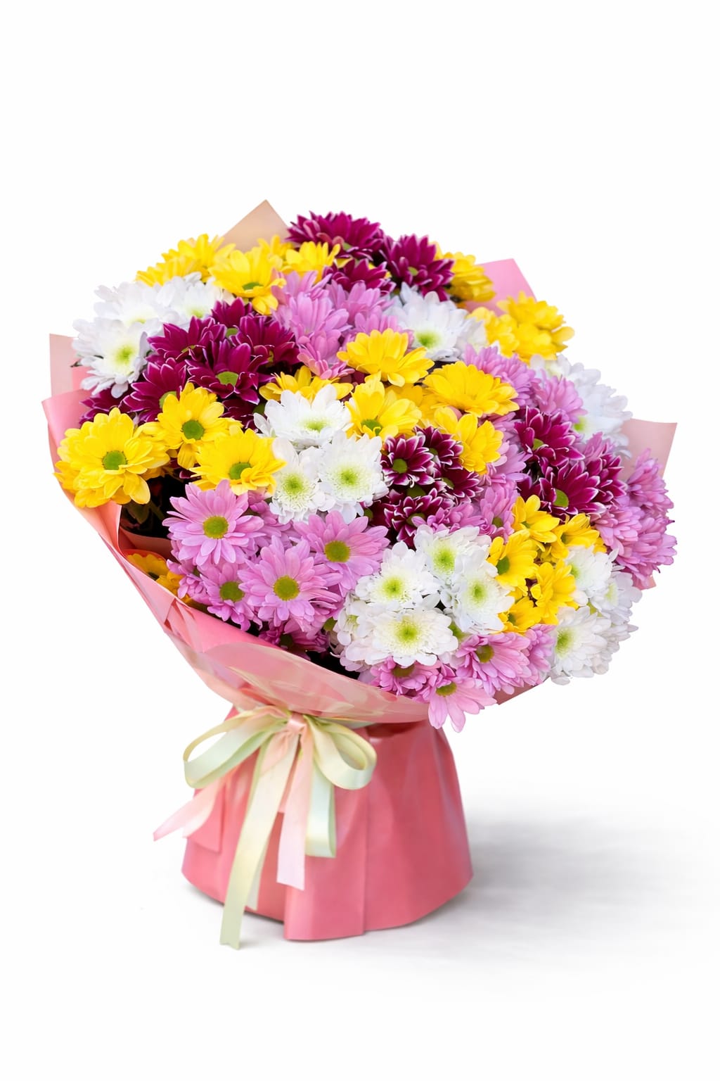 Renk Cümbüşü – Krizantem Buketi Karışık renk krizantemlerden hazırlanmış canlı ve dolgun buket