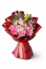 Pembe lilyum ve pembe güllerden hazırlanmış anneye özel romantik ve zarif çiçek buketi