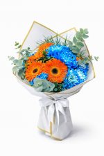 Beylikdüzü aynı gün teslim turuncu mavi gerbera buketi canlı çiçek aranjmanı