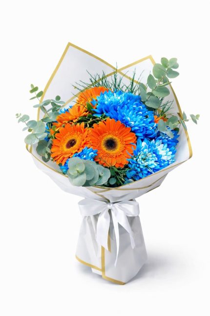 Beylikdüzü aynı gün teslim turuncu mavi gerbera buketi canlı çiçek aranjmanı