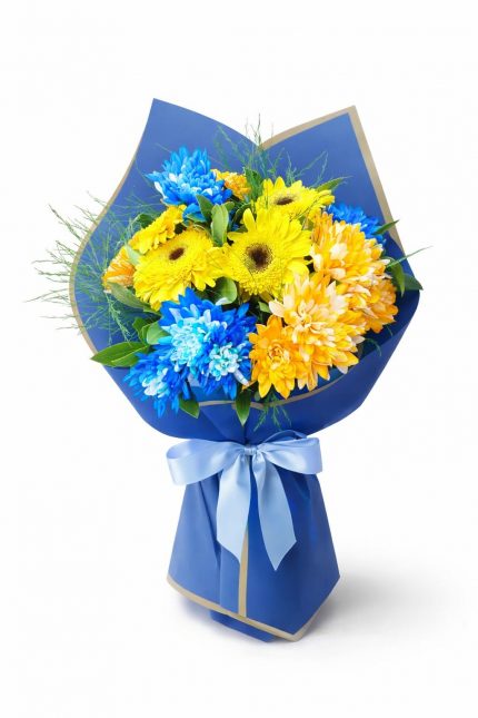 Beylikdüzü aynı gün teslim mevsim buketi mavi ve sarı çiçek aranjmanı