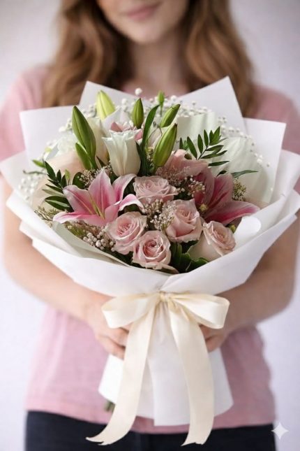 Beylikdüzü aynı gün teslim pembe gül ve lilyum buketi