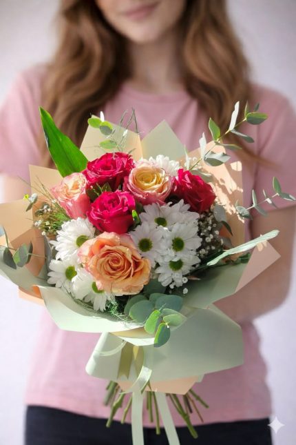 Gül ve papatyalar karışık çiçek buketi